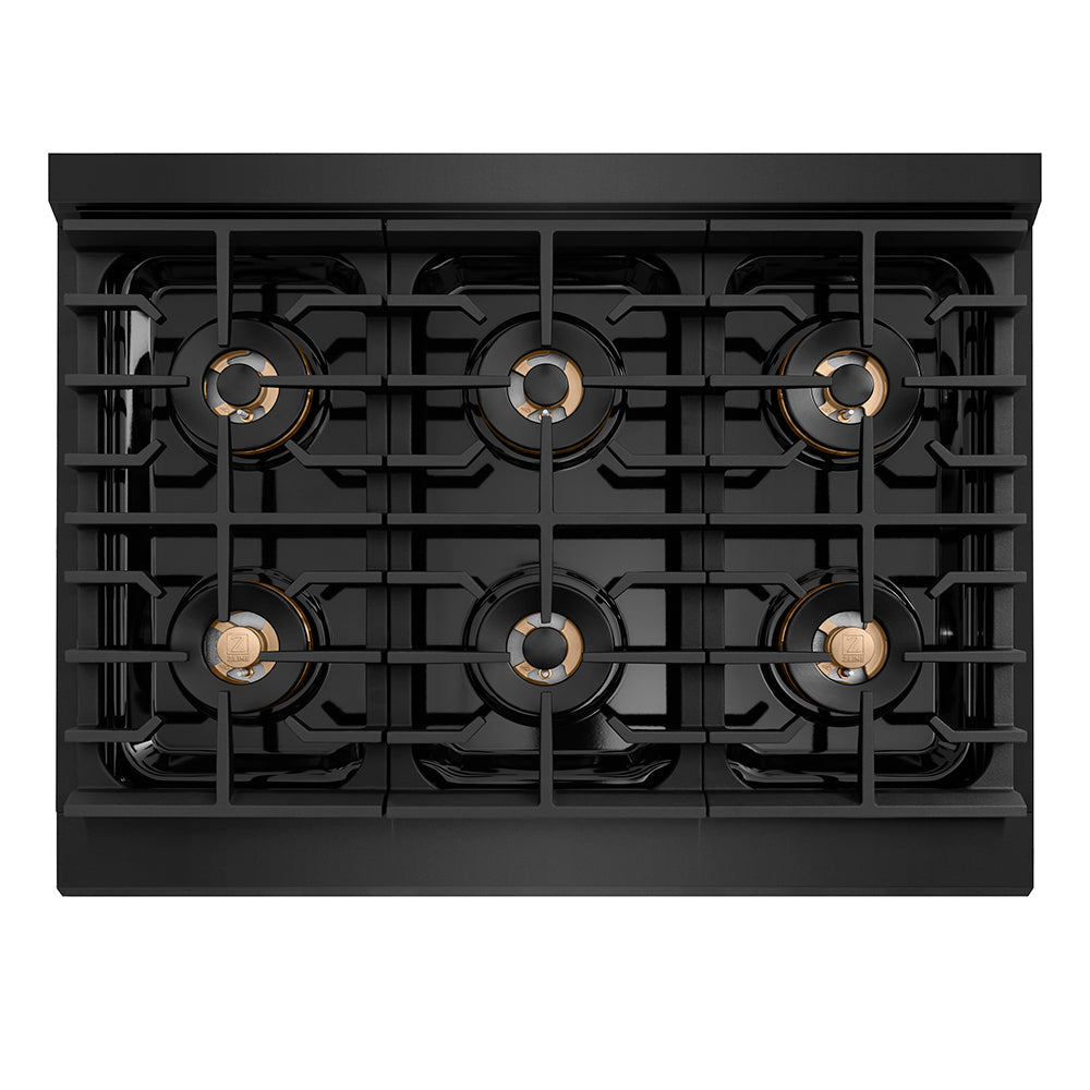 ZLINE Autograph Edition 36 in. 5.2 cu. ft. Paramount Gas Range with 6 Burner DuoPro™ Cooktop and Convection Gas Oven in Black Stainless Steel with Champagne Bronze Helix Handle and Accents (PSGRBZ-36-KCB)