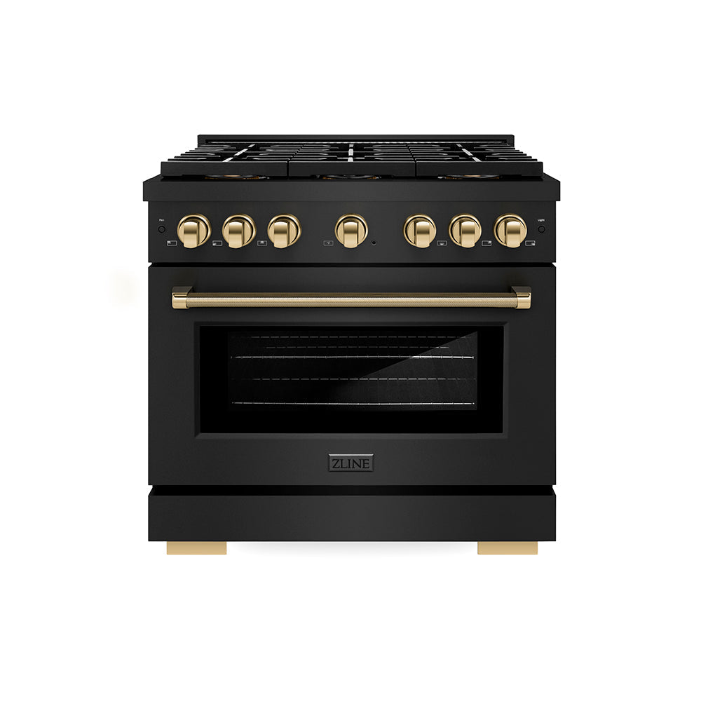 ZLINE Autograph Edition 36 in. 5.2 cu. ft. Paramount Gas Range with 6 Burner DuoPro™ Cooktop and Convection Gas Oven in Black Stainless Steel with Polished Gold Helix Handle and Accents (PSGRBZ-36-KG)