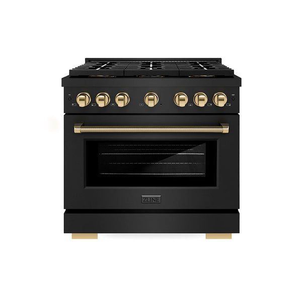 ZLINE Autograph Edition 36 in. 5.2 cu. ft. Paramount Gas Range with 6 Burner DuoPro™ Cooktop and Convection Gas Oven in Black Stainless Steel with Polished Gold Helix Handle and Accents (PSGRBZ-36-KG)