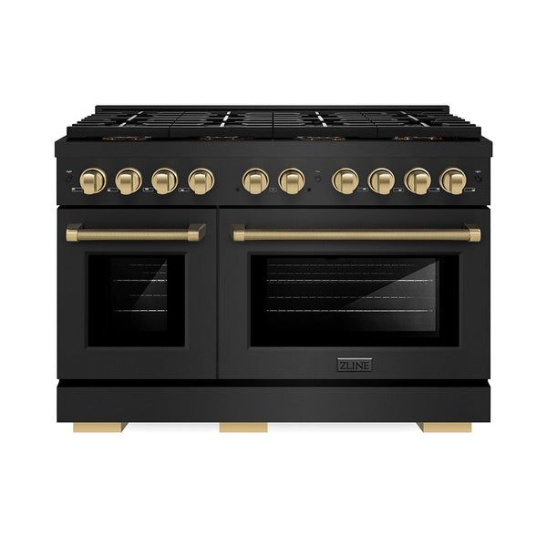 ZLINE Autograph Edition 48 in. 6.7 cu. ft. Paramount Gas Range with 8 Burner DuoPro™ Cooktop and Dual Ovens in Black Stainless Steel with Champagne Bronze Helix Handles and Accents (PSGRBZ-48-KCB)