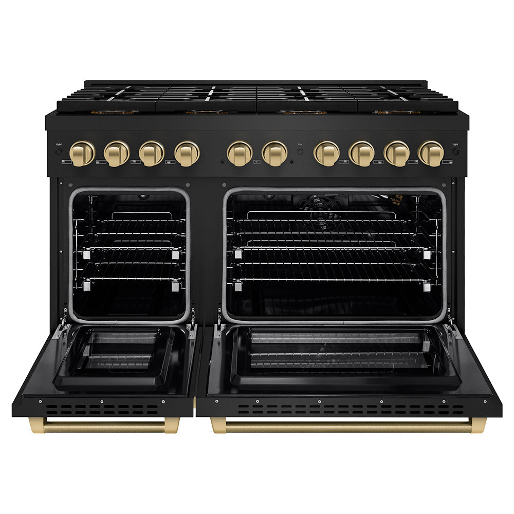 ZLINE Autograph Edition 48 in. 6.7 cu. ft. Paramount Gas Range with 8 Burner DuoPro™ Cooktop and Dual Ovens in Black Stainless Steel with Champagne Bronze Helix Handles and Accents (PSGRBZ-48-KCB)