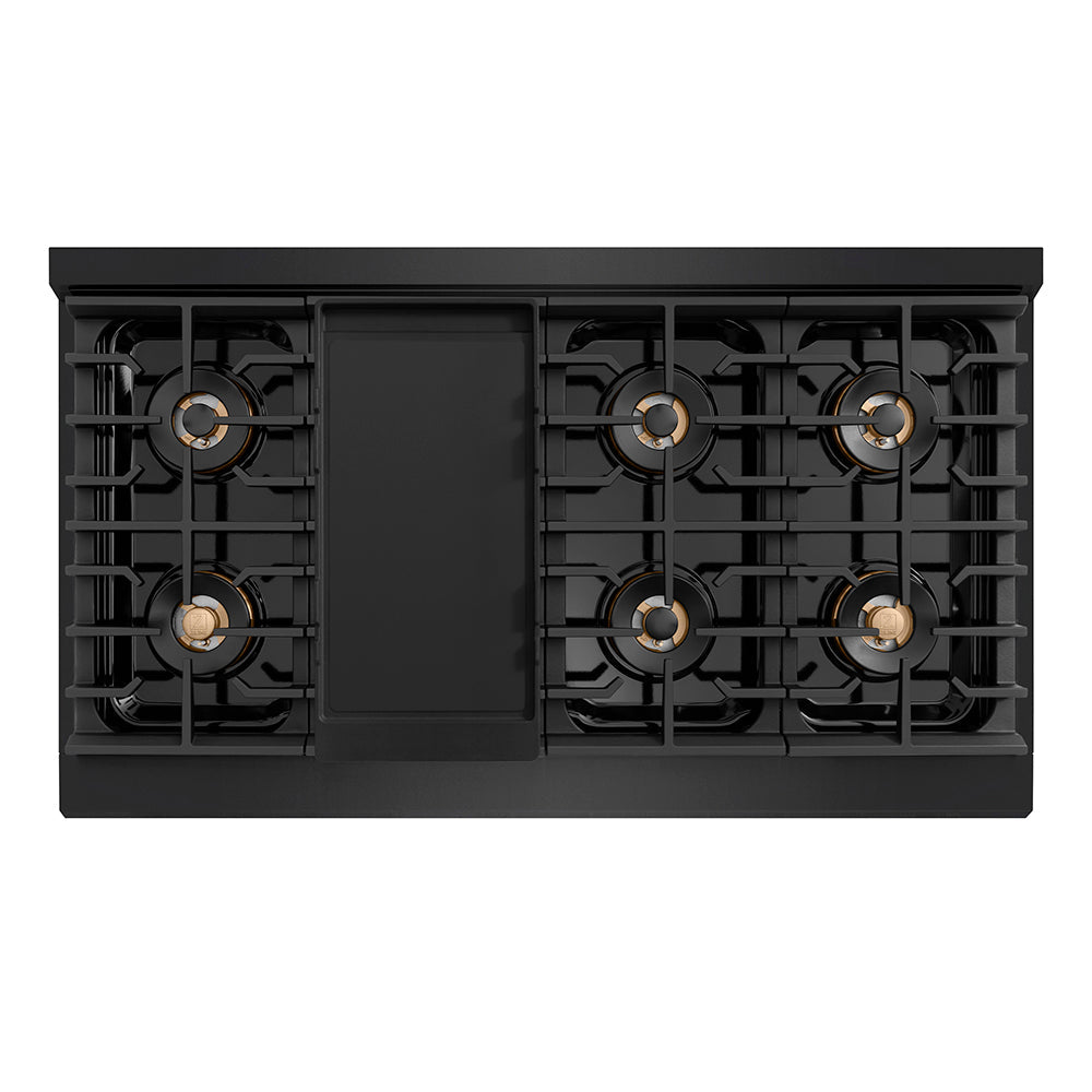 ZLINE Autograph Edition 48 in. 6.7 cu. ft. Paramount Gas Range with 8 Burner DuoPro™ Cooktop and Dual Ovens in Black Stainless Steel with Champagne Bronze Helix Handles and Accents (PSGRBZ-48-KCB)