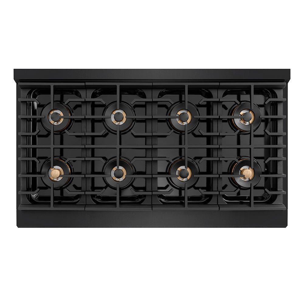 ZLINE Autograph Edition 48 in. 6.7 cu. ft. Paramount Gas Range with 8 Burner DuoPro™ Cooktop and Dual Ovens in Black Stainless Steel with Champagne Bronze Helix Handles and Accents (PSGRBZ-48-KCB)