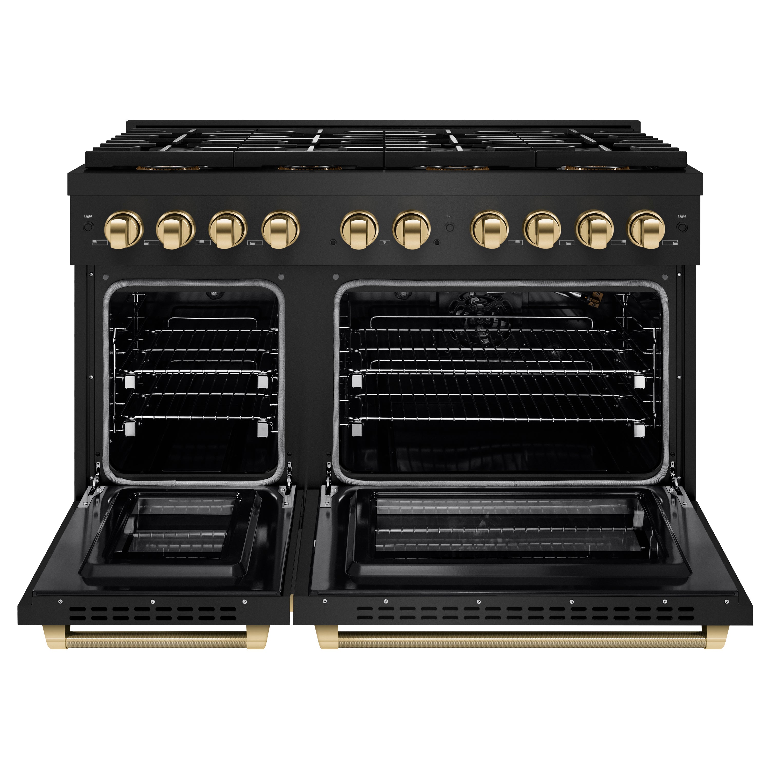ZLINE Autograph Edition 48 in. 6.7 cu. ft. Paramount Gas Range with 8 Burner DuoPro™ Cooktop and Dual Ovens in Black Stainless Steel with Polished Gold Helix Handles and Accents (PSGRBZ-48-KG)