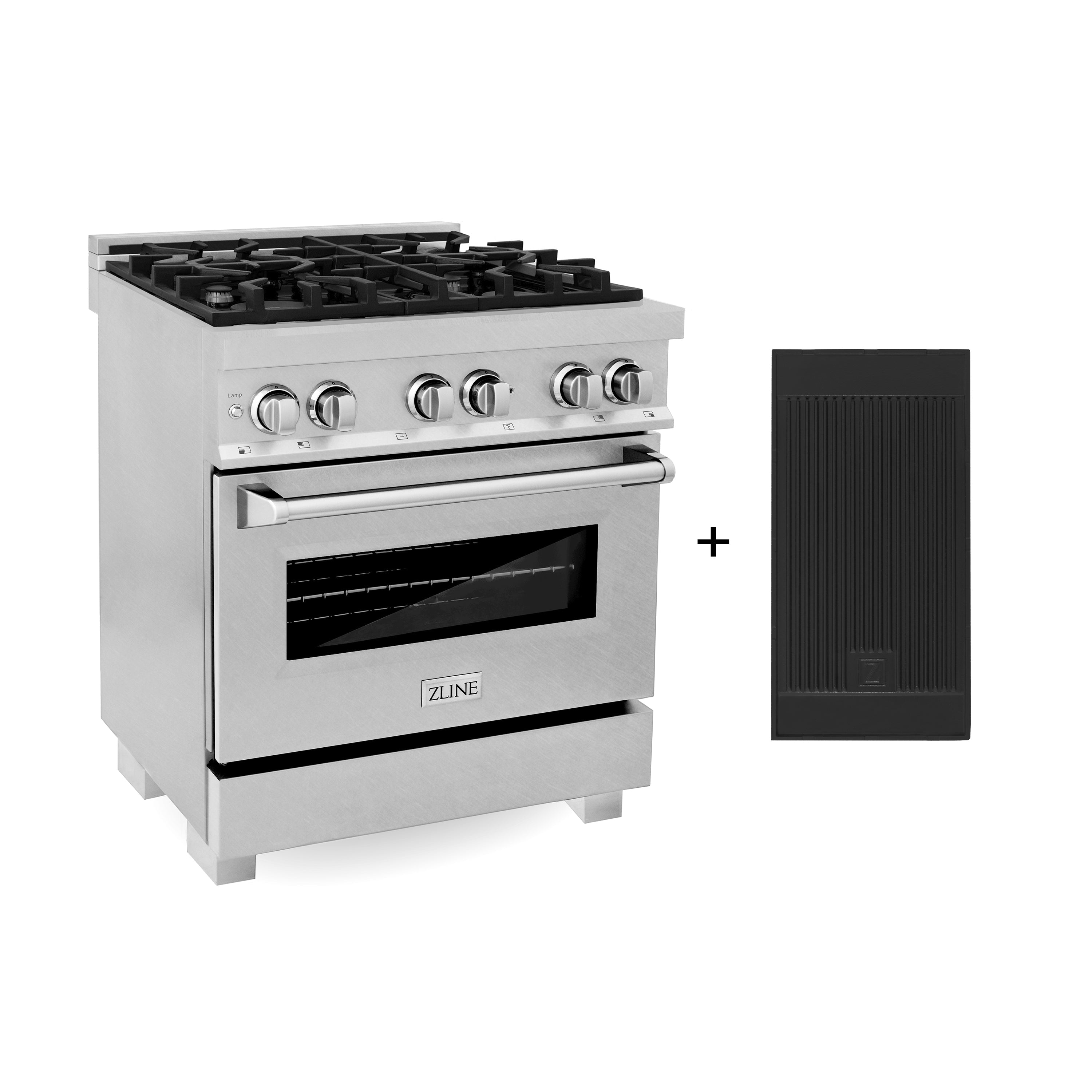 ZLINE 30 in. 4.0 cu. ft. Legacy Dual Fuel Range with Gas Cooktop and Electric Convection Oven in Satin Stainless Steel with 4 Brass Burners and Griddle (RAS-SN-BR-GR-30)