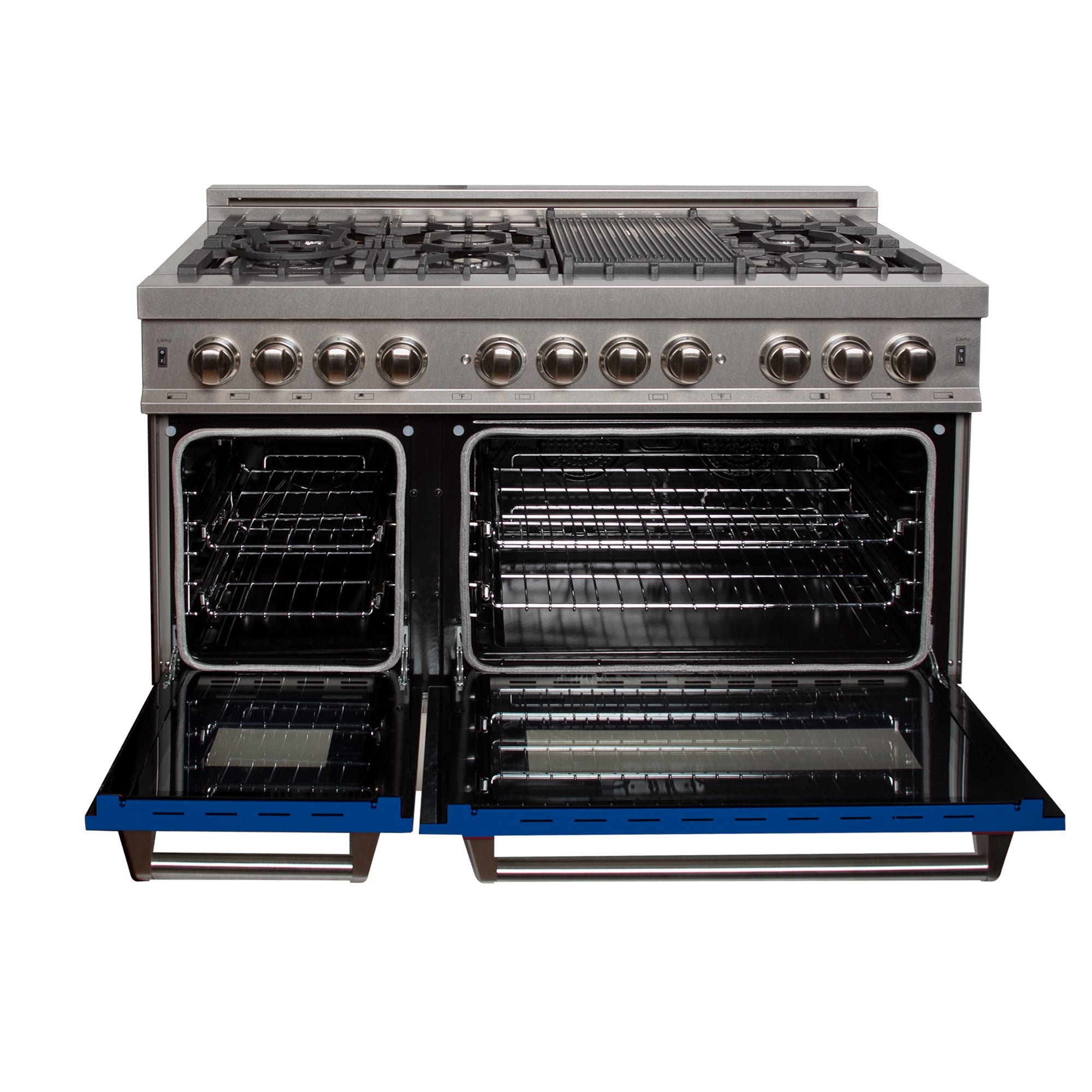 ZLINE 48 in. 6.0 cu. ft. Legacy Dual Fuel Range with 7 Burner Gas Cooktop and 2 Electric Ovens in Satin Stainless Steel and Blue Matte Doors (RAS-BM-48)