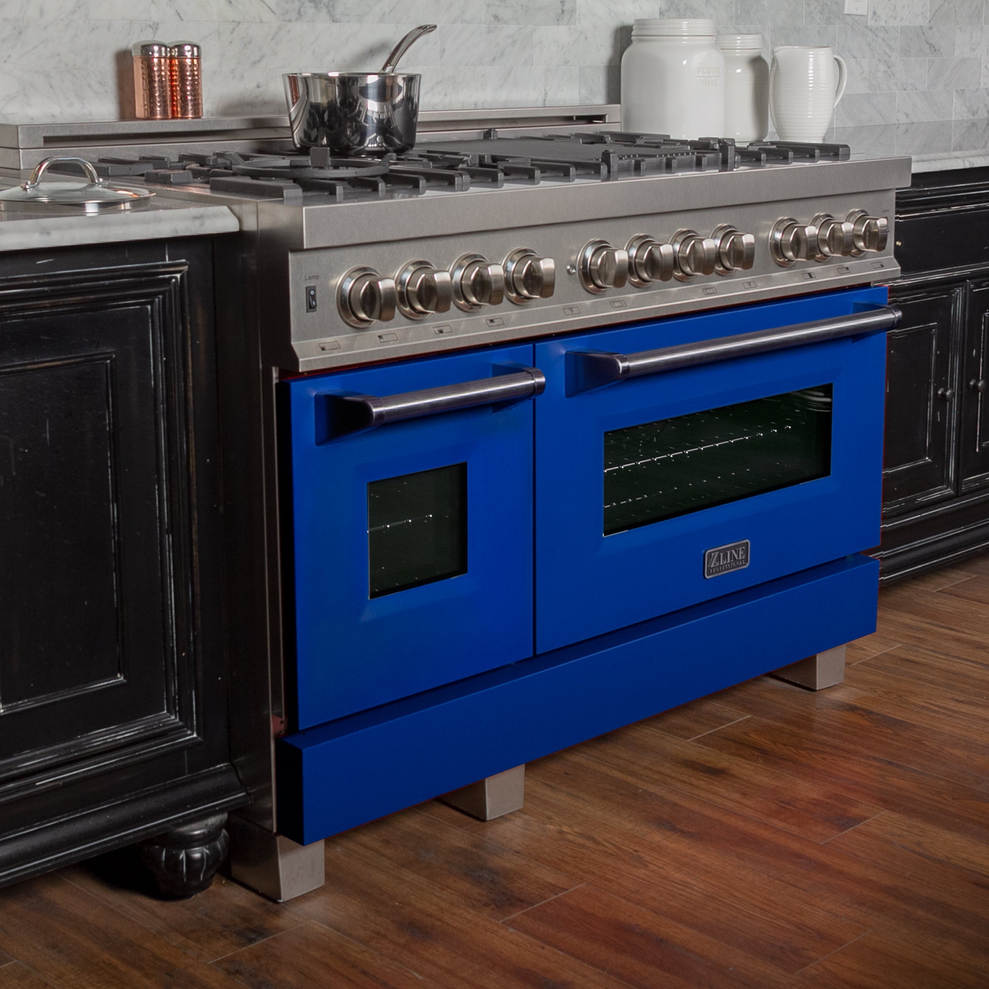 ZLINE 48 in. 6.0 cu. ft. Legacy Dual Fuel Range with 7 Burner Gas Cooktop and 2 Electric Ovens in Satin Stainless Steel and Blue Matte Doors (RAS-BM-48)