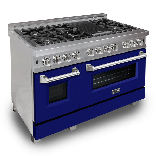 ZLINE 48 in. 6.0 cu. ft. Legacy Dual Fuel Range with 7 Burner Gas Cooktop and 2 Electric Ovens in Satin Stainless Steel and Blue Matte Doors (RAS-BM-48)
