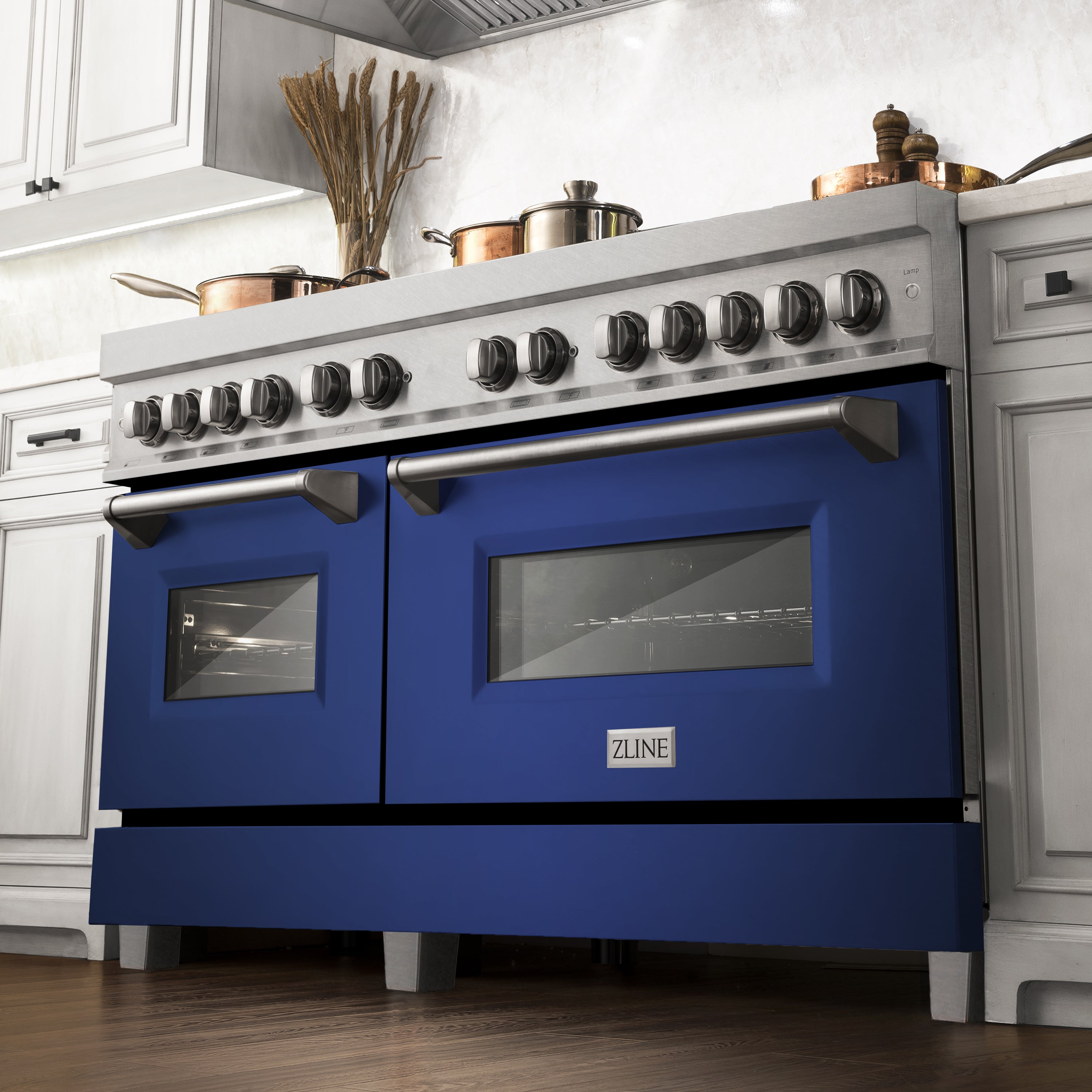 ZLINE 60 in. 7.4 cu. ft. Legacy Dual Fuel Range with 9 Burner Gas Cooktop and 2 Electric Convection Ovens in Satin Stainless Steel and Blue Matte Doors (RAS-BM-60)