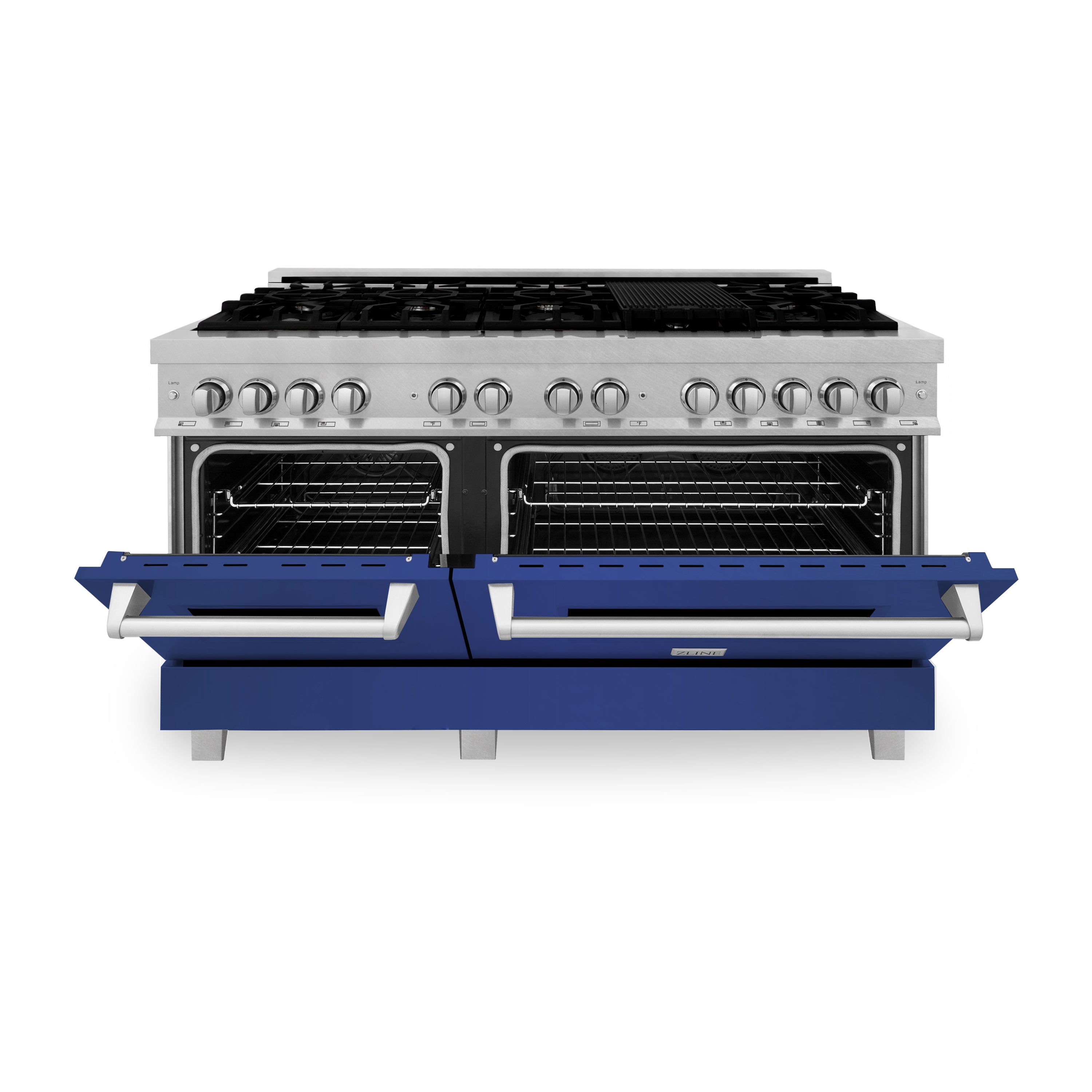 ZLINE 60 in. 7.4 cu. ft. Legacy Dual Fuel Range with 9 Burner Gas Cooktop and 2 Electric Convection Ovens in Satin Stainless Steel and Blue Matte Doors (RAS-BM-60)