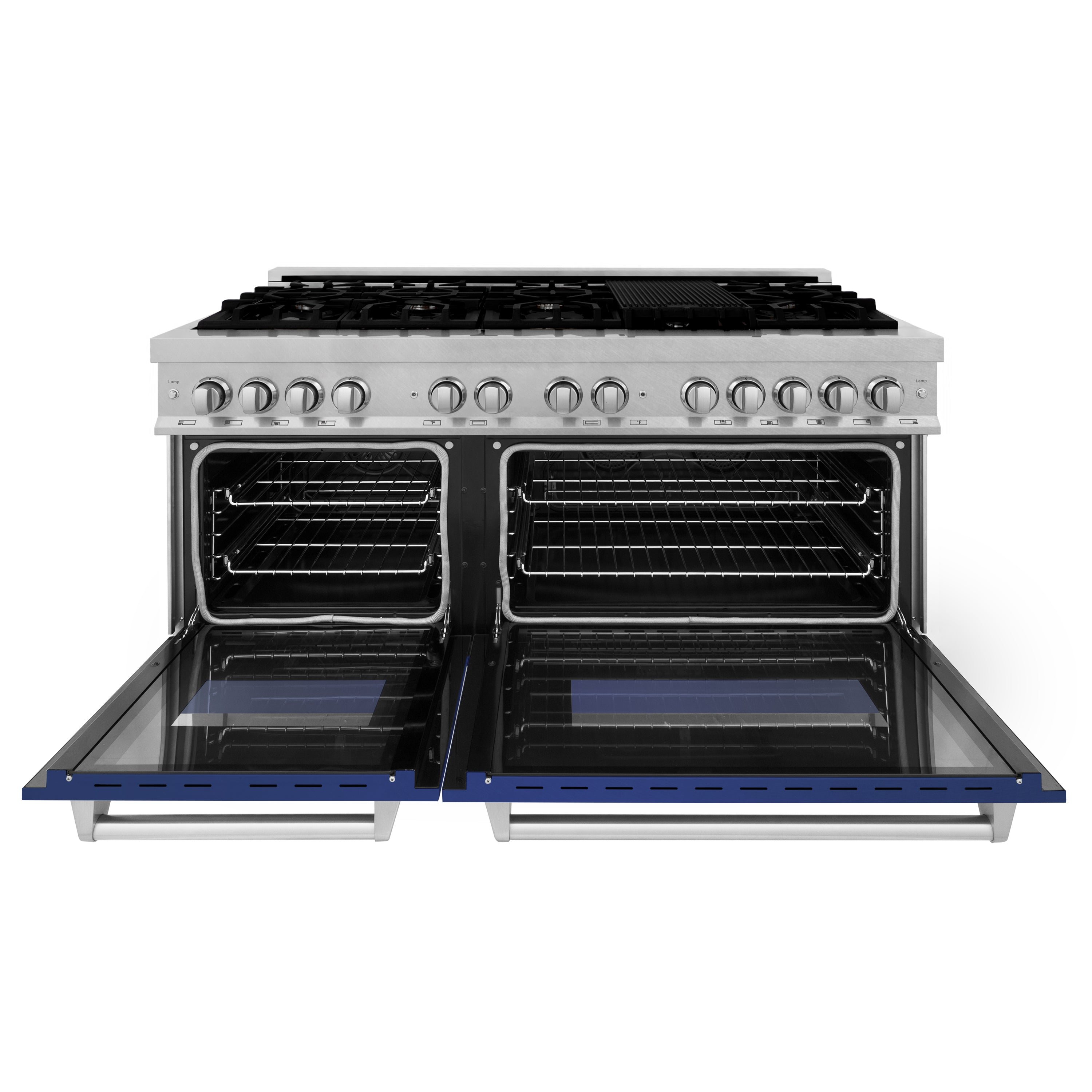 ZLINE 60 in. 7.4 cu. ft. Legacy Dual Fuel Range with 9 Burner Gas Cooktop and 2 Electric Convection Ovens in Satin Stainless Steel and Blue Matte Doors (RAS-BM-60)