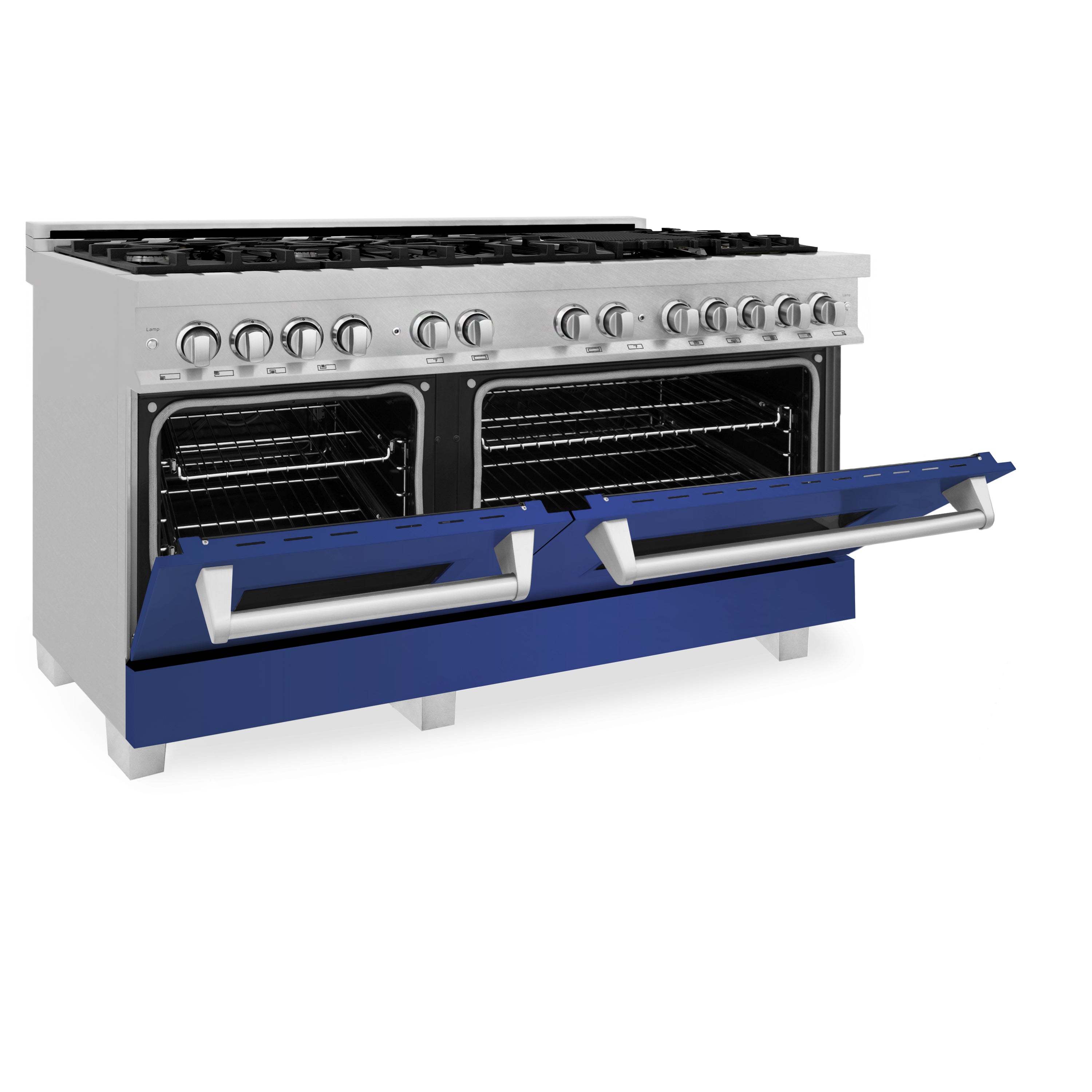 ZLINE 60 in. 7.4 cu. ft. Legacy Dual Fuel Range with 9 Burner Gas Cooktop and 2 Electric Convection Ovens in Satin Stainless Steel and Blue Matte Doors (RAS-BM-60)