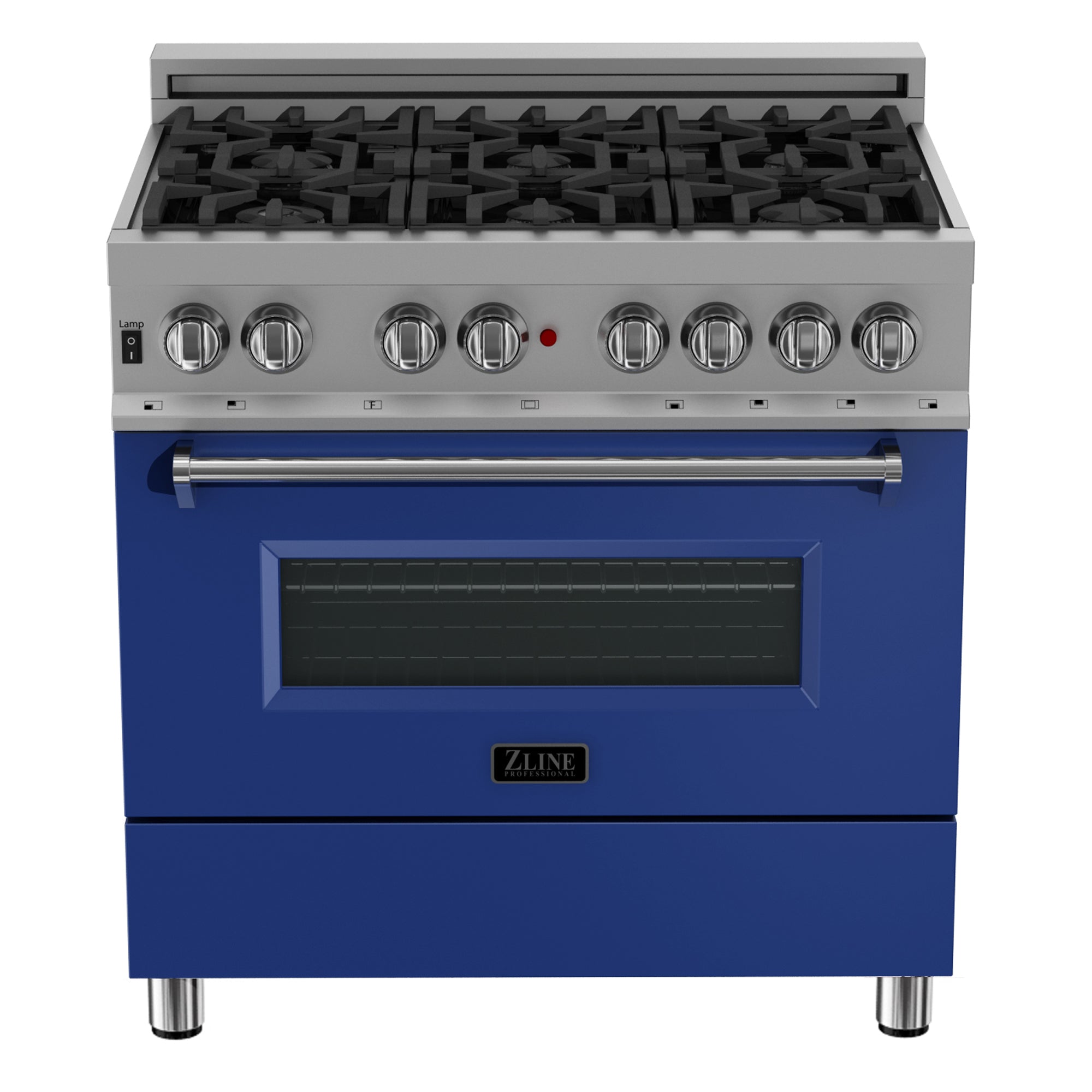 ZLINE 36 in. 4.6 cu. ft. Legacy Dual Fuel Range with 6 Burner Gas Cooktop and Electric Convection Oven in Satin Stainless Steel and Blue Matte Door (RAS-BM-36)