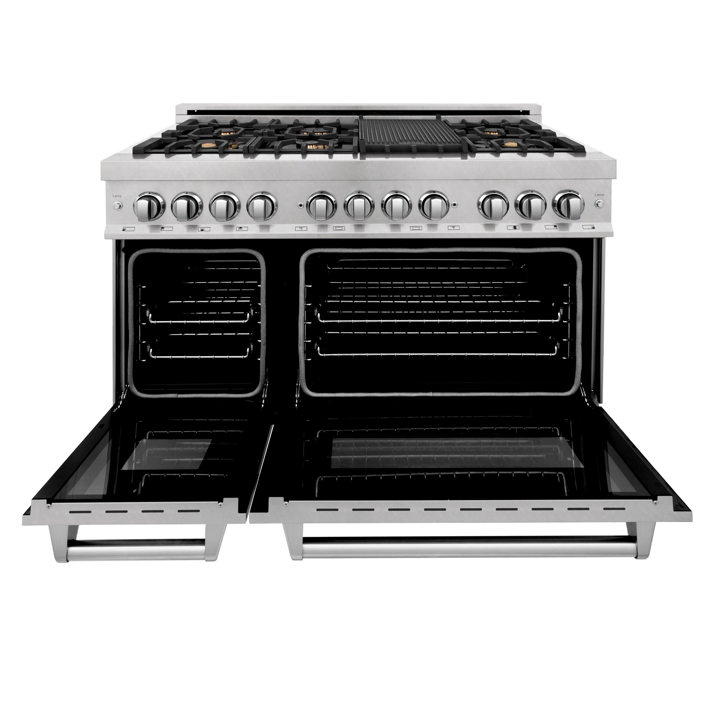 ZLINE 48 in. 6.0 cu. ft. Legacy Dual Fuel Range with Gas Cooktop and 2 Electric Ovens in Satin Stainless Steel with 6 Brass Burners (RAS-SN-BR-48)