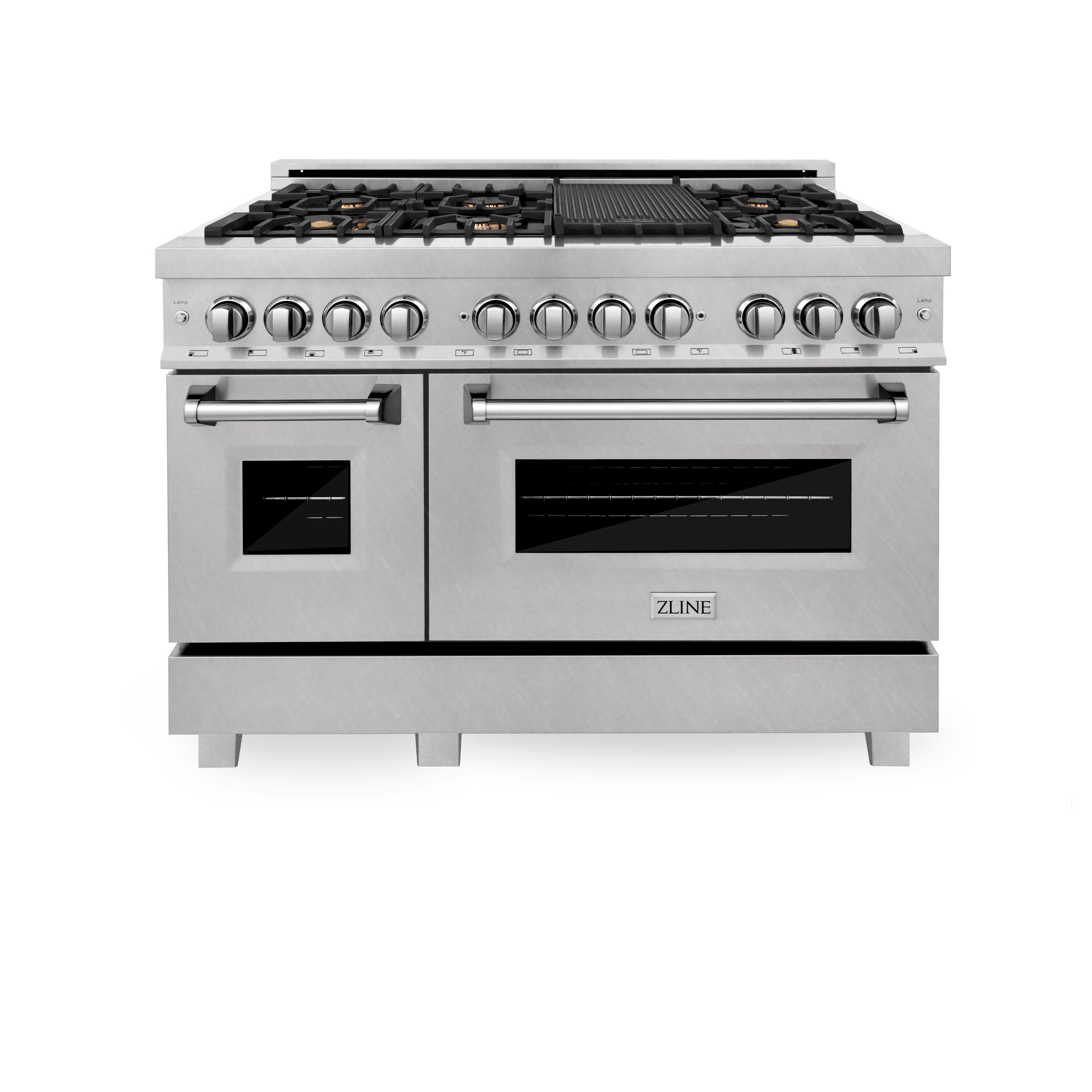 ZLINE 48 in. 6.0 cu. ft. Legacy Dual Fuel Range with Gas Cooktop and 2 Electric Ovens in Satin Stainless Steel with 6 Brass Burners (RAS-SN-BR-48)