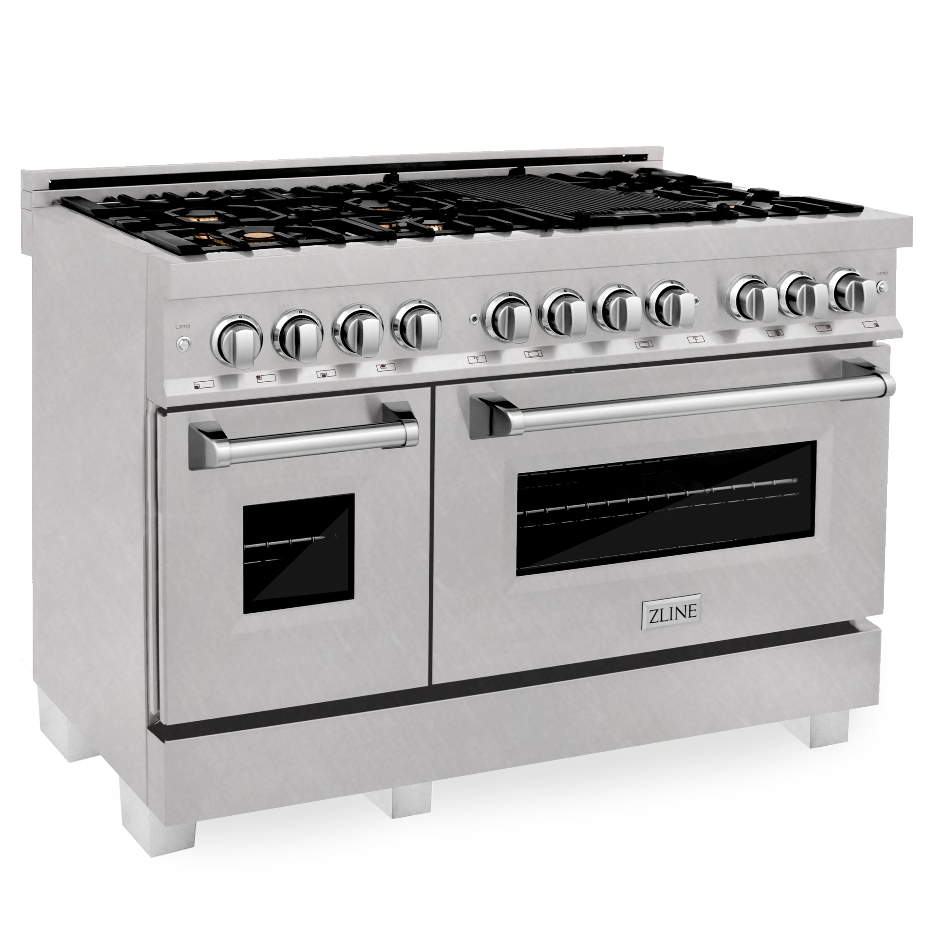ZLINE 48 in. 6.0 cu. ft. Legacy Dual Fuel Range with Gas Cooktop and 2 Electric Ovens in Satin Stainless Steel with 6 Brass Burners (RAS-SN-BR-48)