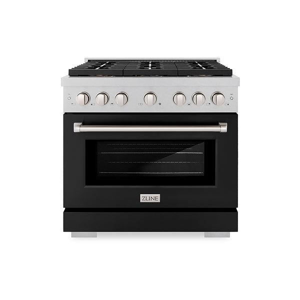 ZLINE 36 in. 5.2 cu. ft. Paramount Dual Fuel Range with 6 Burner DuoPro™ Cooktop and Electric Convection Oven in Satin Stainless Steel with Black Matte Door (PSDRS-BLM-36)