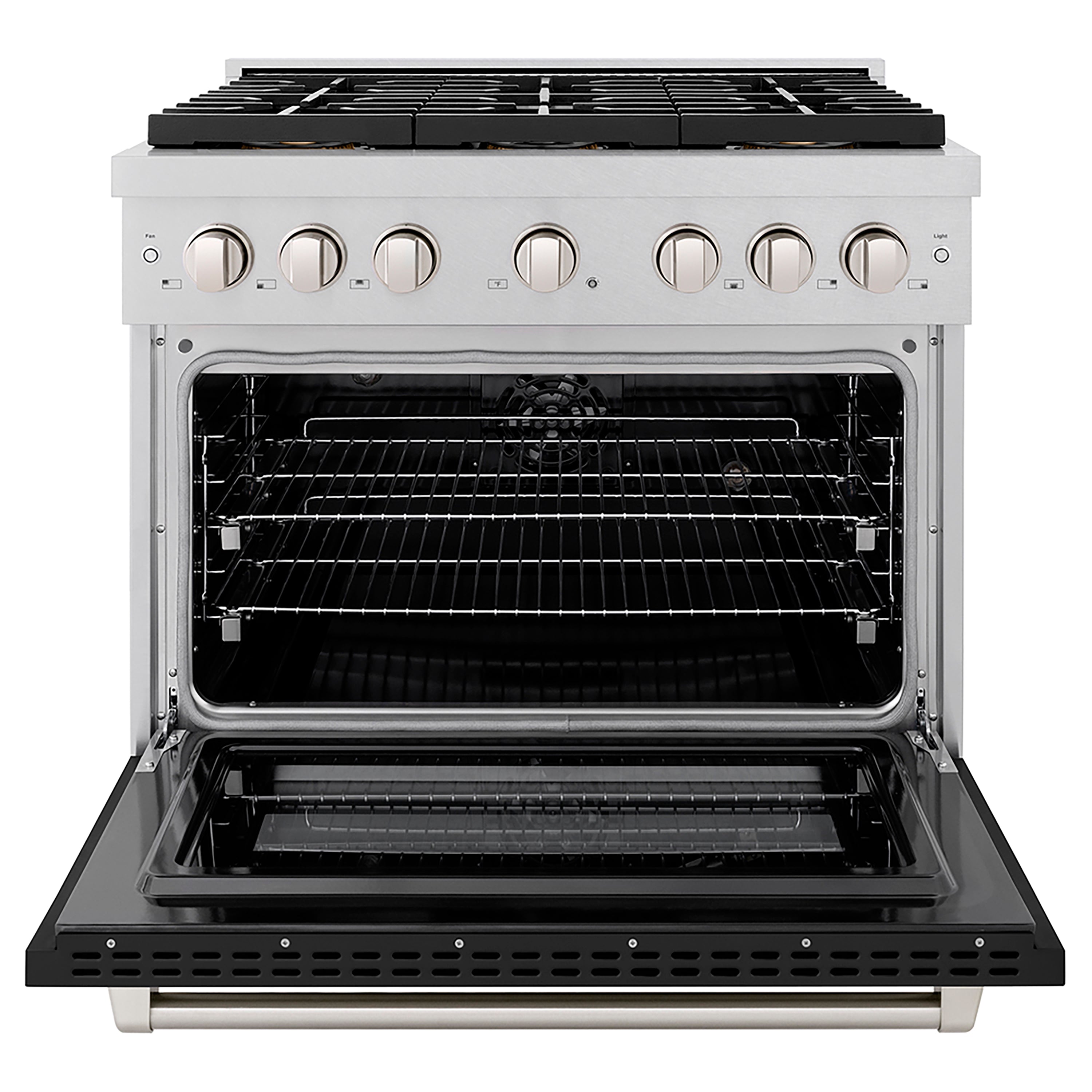 ZLINE 36 in. 5.2 cu. ft. Paramount Dual Fuel Range with 6 Burner DuoPro™ Cooktop and Electric Convection Oven in Satin Stainless Steel with Black Matte Door (PSDRS-BLM-36)