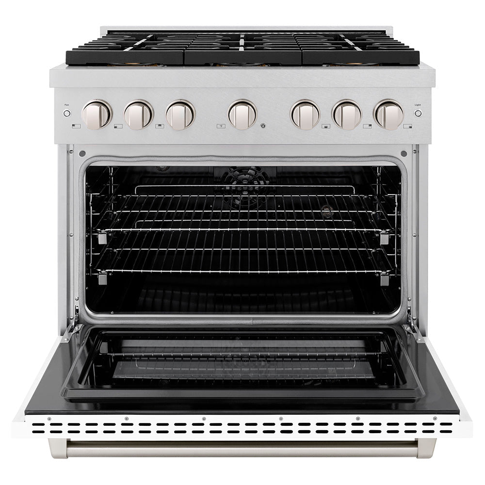 ZLINE 36 in. 5.2 cu. ft. Paramount Dual Fuel Range with 6 Burner DuoPro™ Cooktop and Electric Convection Oven in Satin Stainless Steel with White Matte Door (PSDRS-WM-36)