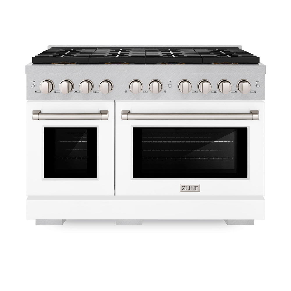 ZLINE 48 in. 6.7 cu. ft. Paramount Dual Fuel Range with 8 Burner DuoPro™ Cooktop and Dual Ovens in Satin Stainless Steel with White Matte Doors (PSDRS-WM-48)