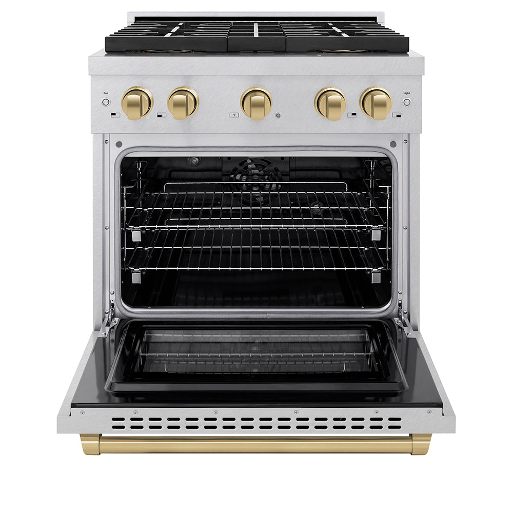ZLINE Autograph Edition 30 in. 4.2 cu. ft. Paramount Dual Fuel Range with 4 Burner DuoPro™ Cooktop and Electric Convection Oven in Satin Stainless Steel and Champagne Bronze Accents (PSDRSZ-30-CB)