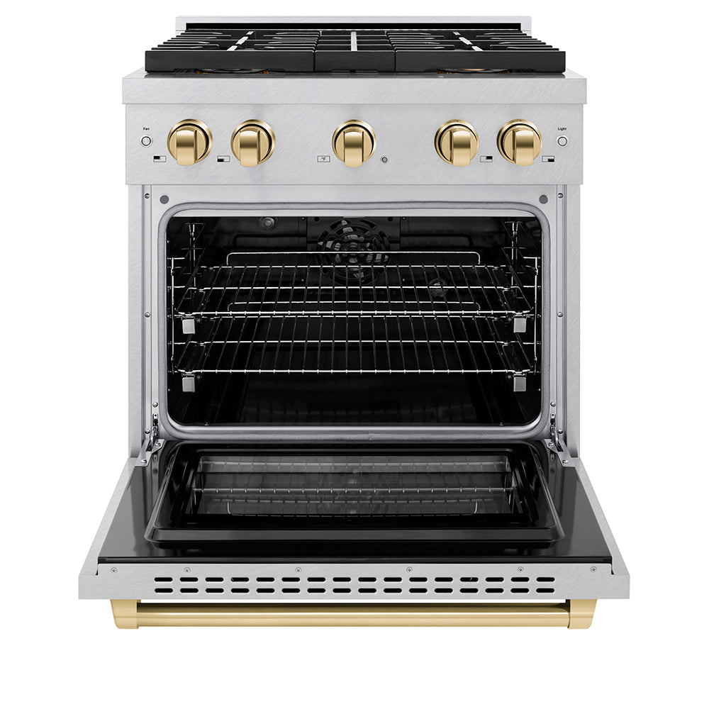 ZLINE Autograph Edition 30 in. 4.2 cu. ft. Paramount Dual Fuel Range with 4 Burner DuoPro™ Cooktop and Electric Convection Oven in Satin Stainless Steel and Polished Gold Accents (PSDRSZ-30-G)