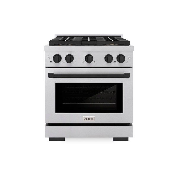 ZLINE Autograph Edition 30 in. 4.2 cu. ft. Paramount Dual Fuel Range with 4 Burner DuoPro™ Cooktop and Electric Convection Oven in Satin Stainless Steel and Matte Black Accents (PSDRSZ-30-MB)