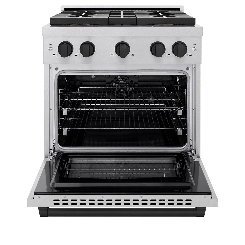 ZLINE Autograph Edition 30 in. 4.2 cu. ft. Paramount Dual Fuel Range with 4 Burner DuoPro™ Cooktop and Electric Convection Oven in Satin Stainless Steel and Matte Black Accents (PSDRSZ-30-MB)