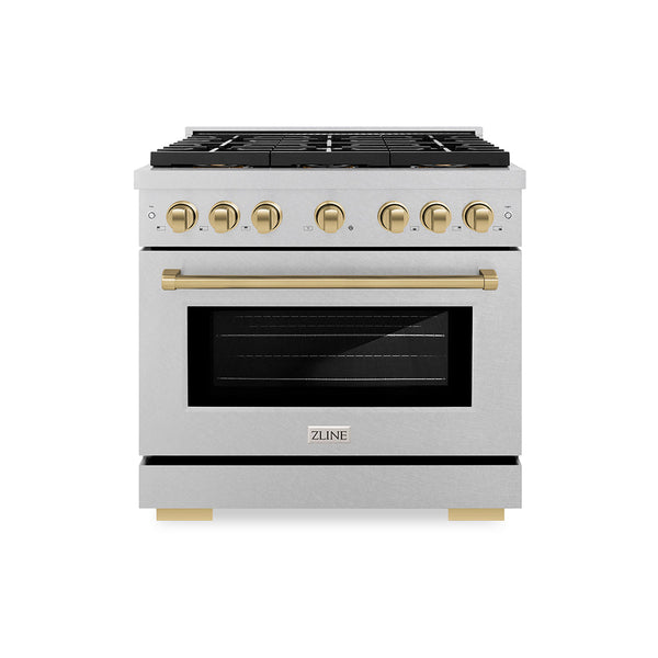 ZLINE Autograph Edition 36 in. 5.2 cu. ft. Paramount Dual Fuel Range with 6 Burner DuoPro™ Cooktop and Electric Convection Oven in Satin Stainless Steel and Champagne Bronze Accents (PSDRSZ-36-CB)