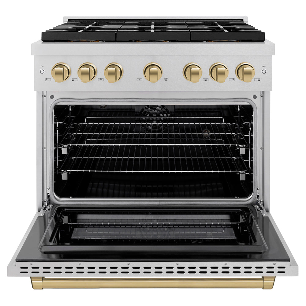 ZLINE Autograph Edition 36 in. 5.2 cu. ft. Paramount Dual Fuel Range with 6 Burner DuoPro™ Cooktop and Electric Convection Oven in Satin Stainless Steel and Champagne Bronze Accents (PSDRSZ-36-CB)