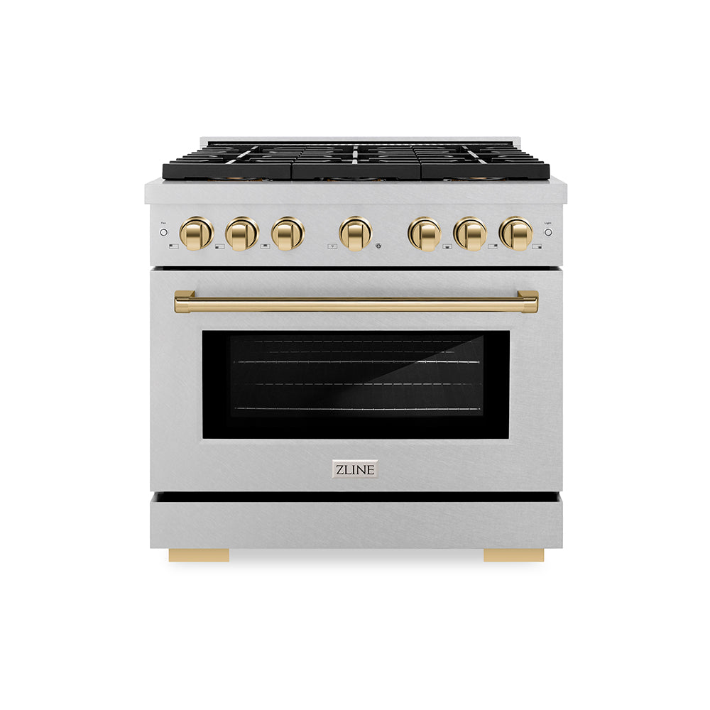 ZLINE Autograph Edition 36 in. 5.2 cu. ft. Paramount Dual Fuel Range with 6 Burner DuoPro™ Cooktop and Electric Convection Oven in Satin Stainless Steel and Polished Gold Accents (PSDRSZ-36-G)