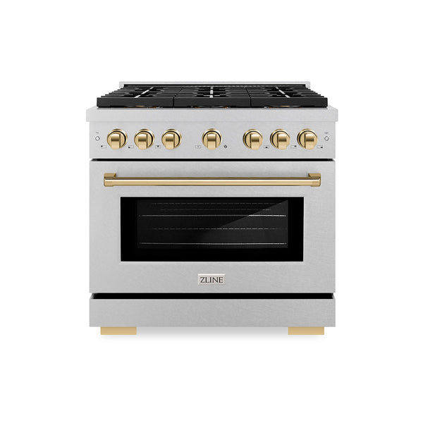 ZLINE Autograph Edition 36 in. 5.2 cu. ft. Paramount Dual Fuel Range with 6 Burner DuoPro™ Cooktop and Electric Convection Oven in Satin Stainless Steel and Polished Gold Accents (PSDRSZ-36-G)