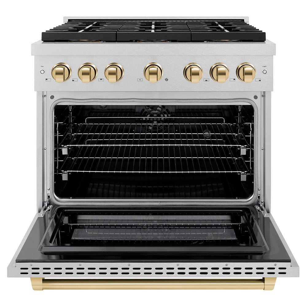 ZLINE Autograph Edition 36 in. 5.2 cu. ft. Paramount Dual Fuel Range with 6 Burner DuoPro™ Cooktop and Electric Convection Oven in Satin Stainless Steel and Polished Gold Accents (PSDRSZ-36-G)