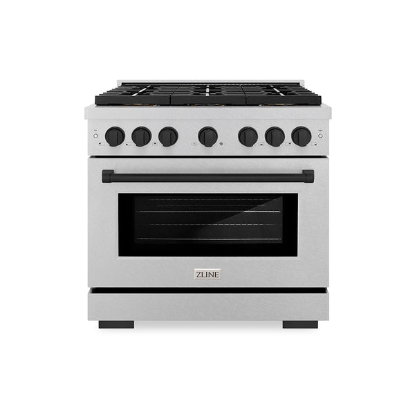 ZLINE Autograph Edition 36 in. 5.2 cu. ft. Paramount Dual Fuel Range with 6 Burner DuoPro™ Cooktop and Electric Convection Oven in Satin Stainless Steel and Matte Black Accents (PSDRSZ-36-MB)