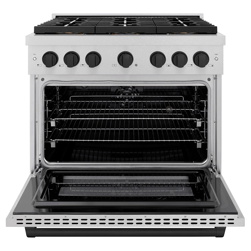 ZLINE Autograph Edition 36 in. 5.2 cu. ft. Paramount Dual Fuel Range with 6 Burner DuoPro™ Cooktop and Electric Convection Oven in Satin Stainless Steel and Matte Black Accents (PSDRSZ-36-MB)