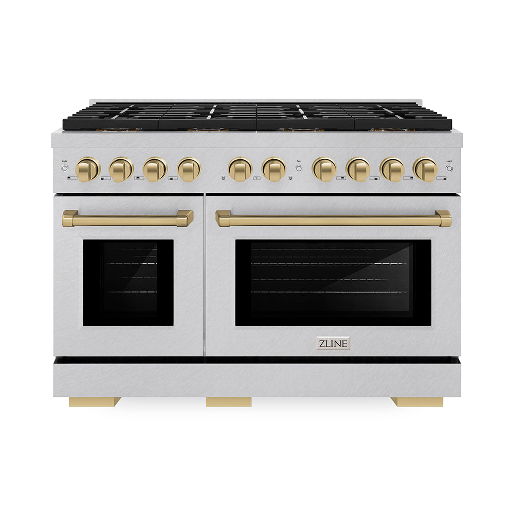 ZLINE Autograph Edition 48 in. 6.7 cu. ft. Paramount Dual Fuel Range with 8 Burner DuoPro™ Cooktop and Dual Ovens in Satin Stainless Steel and Champagne Bronze Accents (PSDRSZ-48-CB)
