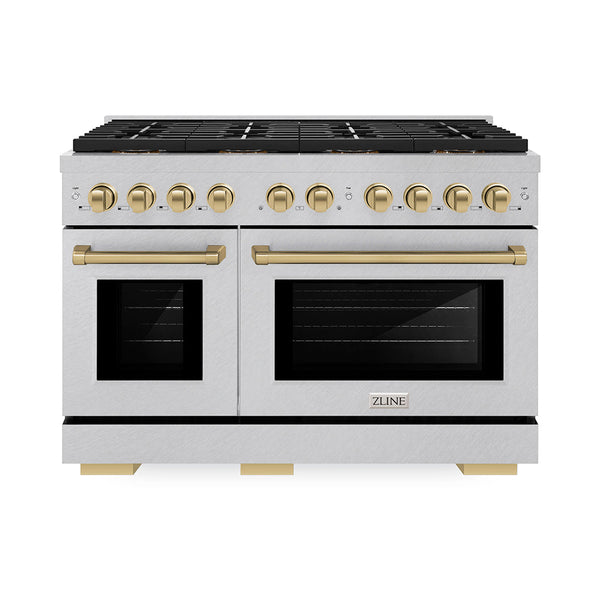 ZLINE Autograph Edition 48 in. 6.7 cu. ft. Paramount Dual Fuel Range with 8 Burner DuoPro™ Cooktop and Dual Ovens in Satin Stainless Steel and Champagne Bronze Accents (PSDRSZ-48-CB)