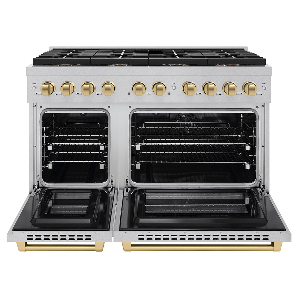 ZLINE Autograph Edition 48 in. 6.7 cu. ft. Paramount Dual Fuel Range with 8 Burner DuoPro™ Cooktop and Dual Ovens in Satin Stainless Steel and Champagne Bronze Accents (PSDRSZ-48-CB)