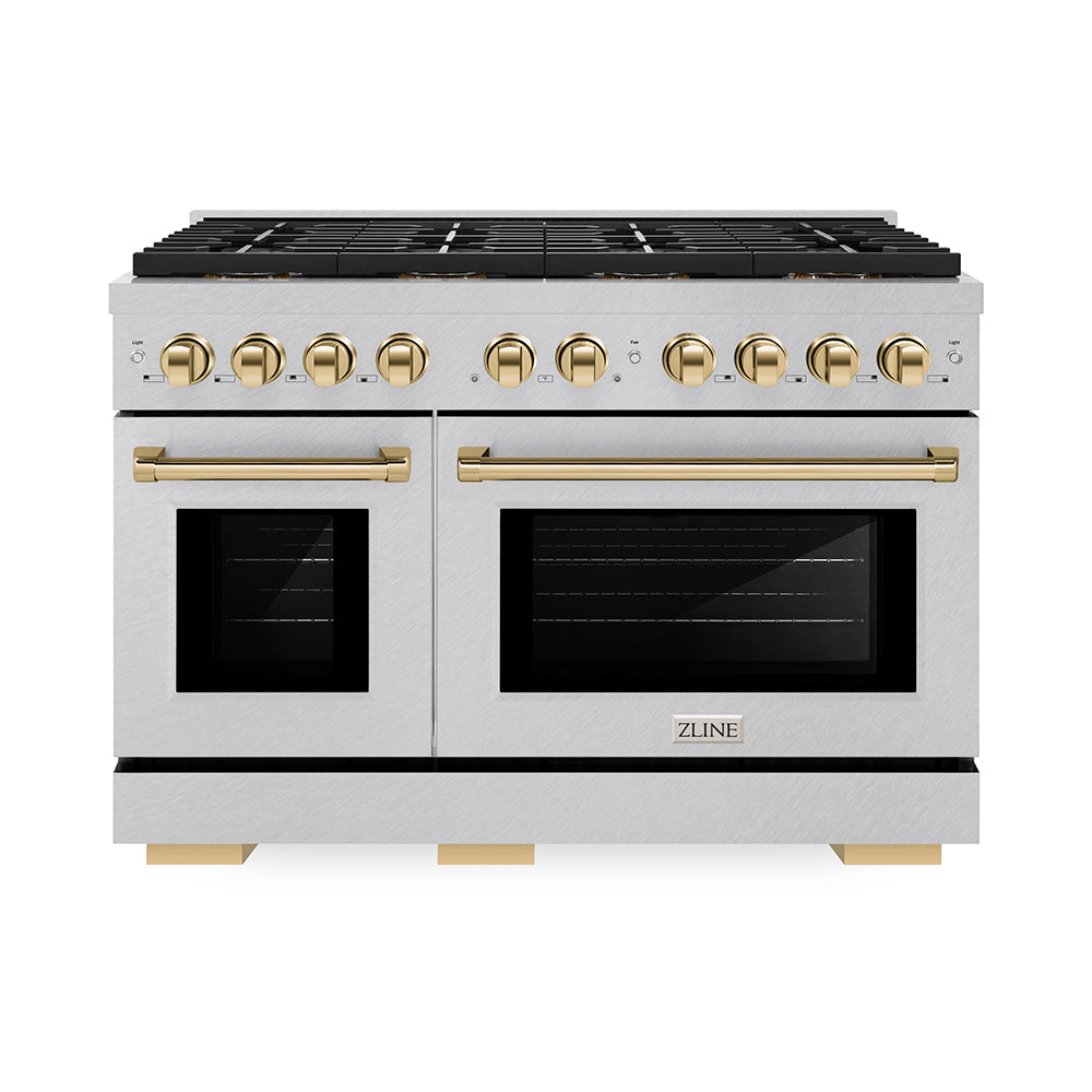 ZLINE Autograph Edition 48 in. 6.7 cu. ft. Paramount Dual Fuel Range with 8 Burner DuoPro™ Cooktop and Dual Ovens in Satin Stainless Steel and Polished Gold Accents (PSDRSZ-48-G)