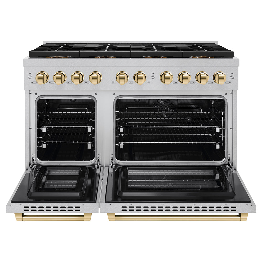 ZLINE Autograph Edition 48 in. 6.7 cu. ft. Paramount Dual Fuel Range with 8 Burner DuoPro™ Cooktop and Dual Ovens in Satin Stainless Steel and Polished Gold Accents (PSDRSZ-48-G)