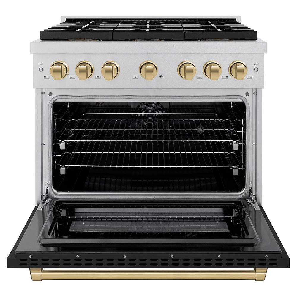 ZLINE Autograph Edition 36 in. 5.2 cu. ft. Paramount Dual Fuel Range with 6 Burner DuoPro™ Cooktop and Electric Convection Oven in Satin Stainless Steel with Black Matte Door and Champagne Bronze Accents (PSDRSZ-BLM36-CB)