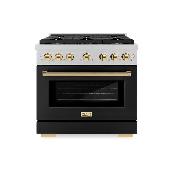 ZLINE Autograph Edition 36 in. 5.2 cu. ft. Paramount Dual Fuel Range with 6 Burner DuoPro™ Cooktop and Electric Convection Oven in Satin Stainless Steel with Black Matte Door and Polished Gold Accents (PSDRSZ-BLM36-G)