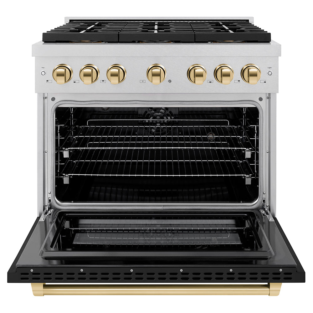 ZLINE Autograph Edition 36 in. 5.2 cu. ft. Paramount Dual Fuel Range with 6 Burner DuoPro™ Cooktop and Electric Convection Oven in Satin Stainless Steel with Black Matte Door and Polished Gold Accents (PSDRSZ-BLM36-G)