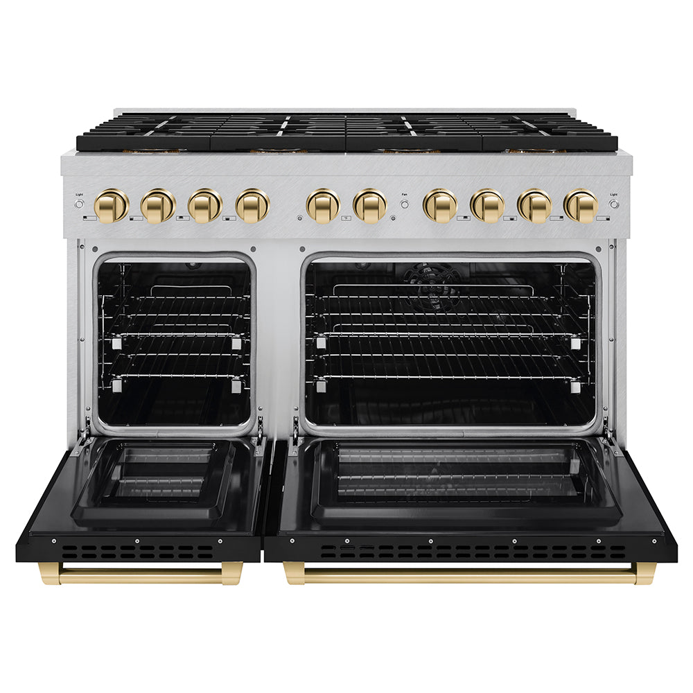 ZLINE Autograph Edition 48 in. 6.7 cu. ft. Paramount Dual Fuel Range with 8 Burner DuoPro™ Cooktop and Dual Ovens in Satin Stainless Steel with Black Matte Doors and Polished Gold Accents (PSDRSZ-BLM48-G)
