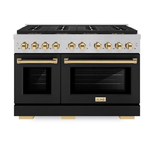ZLINE Autograph Edition 48 in. 6.7 cu. ft. Paramount Dual Fuel Range with 8 Burner DuoPro™ Cooktop and Dual Ovens in Satin Stainless Steel with Black Matte Doors and Polished Gold Accents (PSDRSZ-BLM48-G)