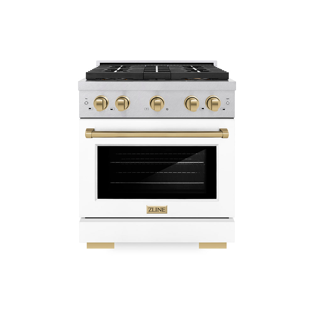 ZLINE Autograph Edition 30 in. 4.2 cu. ft. Paramount Dual Fuel Range with 4 Burner DuoPro™ Cooktop and Electric Convection Oven in Satin Stainless Steel with White Matte Door and Champagne Bronze Accents (PSDRSZ-WM-30-CB)