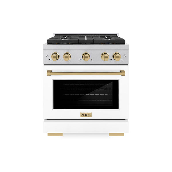 ZLINE Autograph Edition 30 in. 4.2 cu. ft. Paramount Dual Fuel Range with 4 Burner DuoPro™ Cooktop and Electric Convection Oven in Satin Stainless Steel with White Matte Door and Champagne Bronze Accents (PSDRSZ-WM-30-CB)