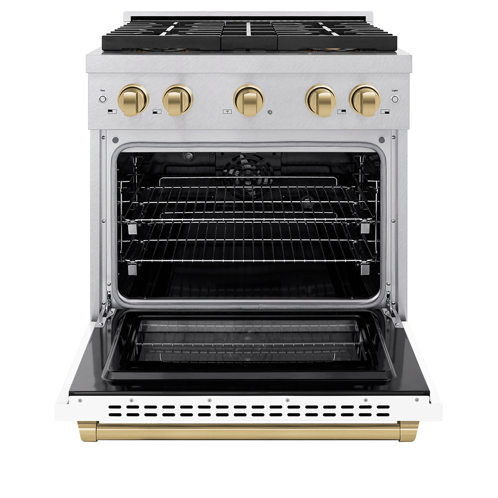 ZLINE Autograph Edition 30 in. 4.2 cu. ft. Paramount Dual Fuel Range with 4 Burner DuoPro™ Cooktop and Electric Convection Oven in Satin Stainless Steel with White Matte Door and Champagne Bronze Accents (PSDRSZ-WM-30-CB)