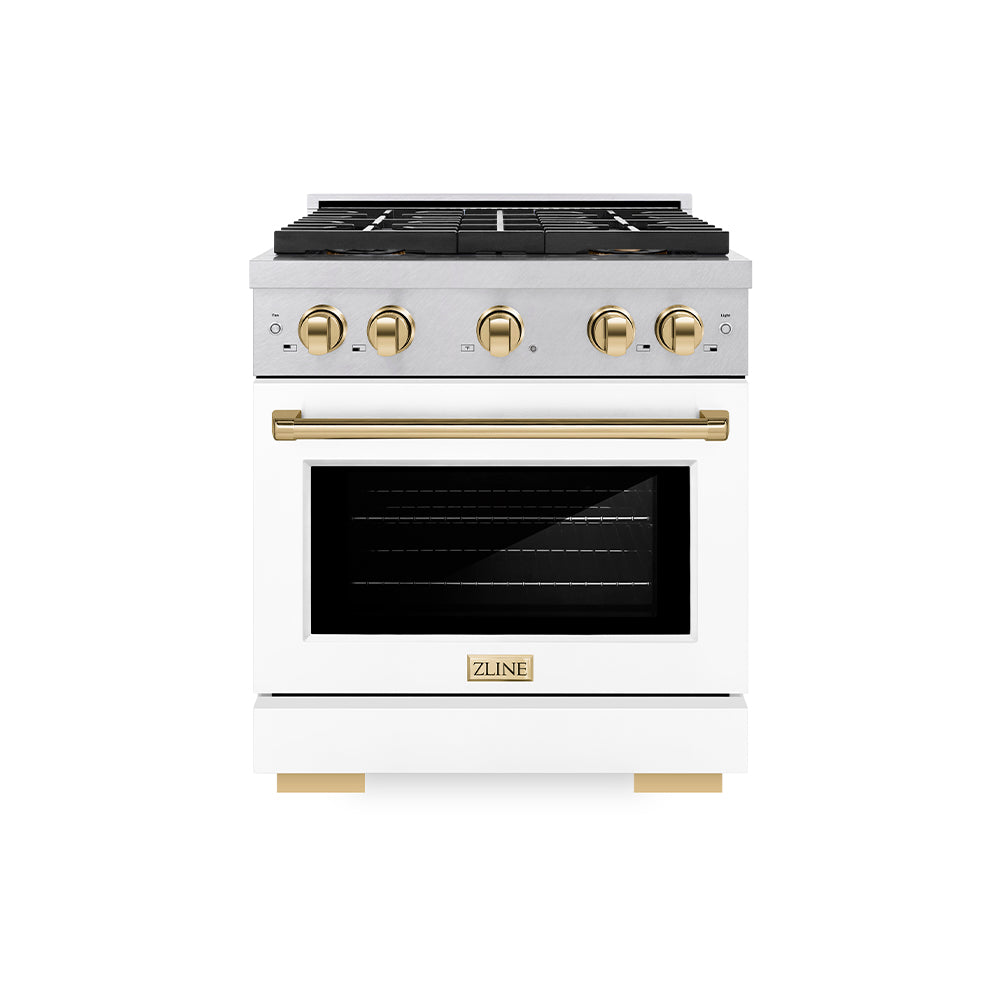 ZLINE Autograph Edition 30 in. 4.2 cu. ft. Paramount Dual Fuel Range with 4 Burner DuoPro™ Cooktop and Electric Convection Oven in Satin Stainless Steel with White Matte Door and Polished Gold Accents (PSDRSZ-WM-30-G)