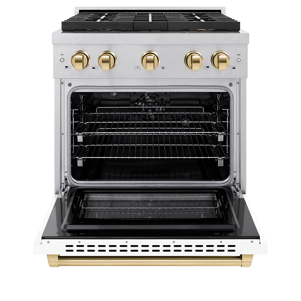 ZLINE Autograph Edition 30 in. 4.2 cu. ft. Paramount Dual Fuel Range with 4 Burner DuoPro™ Cooktop and Electric Convection Oven in Satin Stainless Steel with White Matte Door and Polished Gold Accents (PSDRSZ-WM-30-G)